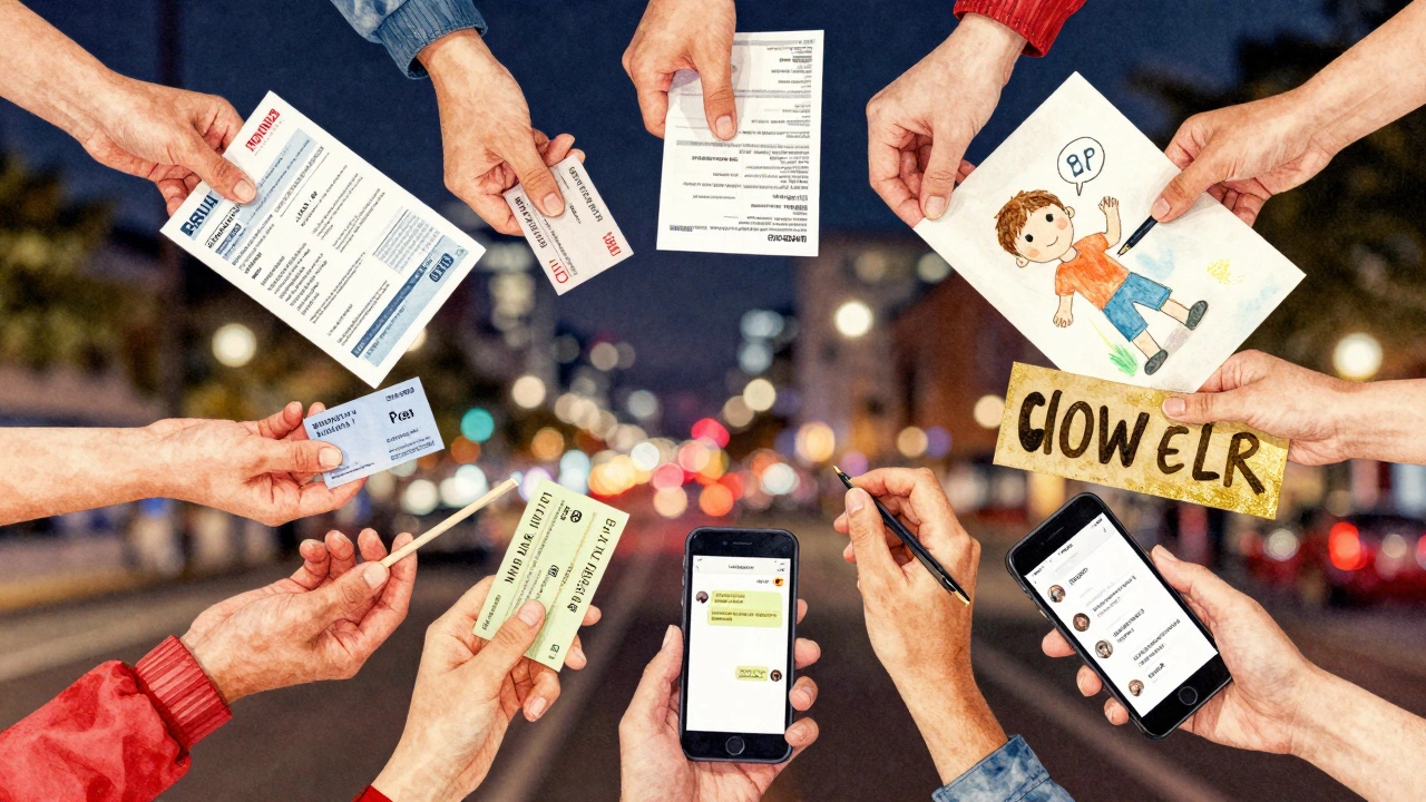 Hands holding symbols of survival—bills, a child&#039;s drawing, a protest sign—against city lights.