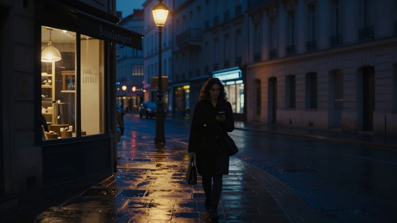 Silhouetted woman walking at night in Lyon under a streetlamp, smartphone in hand, quiet urban atmosphere.
