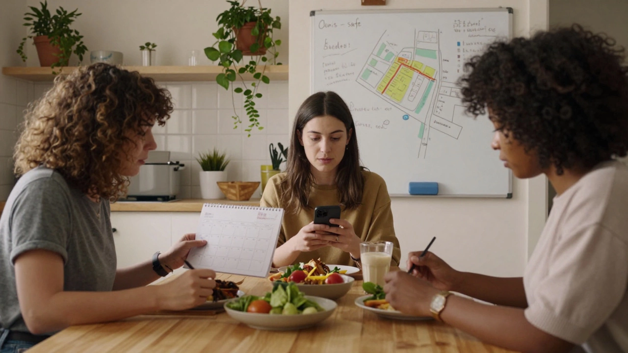 Three women sharing a meal in a Marseille kitchen, discussing schedules and safety notes on a whiteboard.